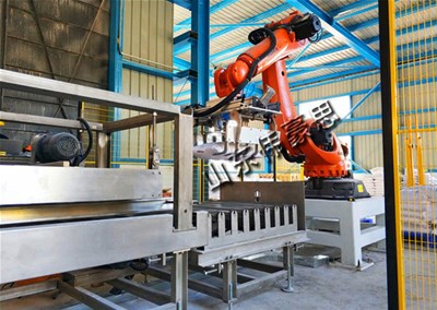 20kg化肥自動碼垛機 有機肥自動碼垛機現(xiàn)場